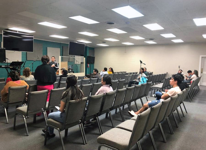 Worshippers gather at the Iglesia Vida Abundante in Tyler, Texas, for Sunday services. The church is drawing about half of the 50-60 people who attended before the coronavirus pandemic. Photo courtesy of Iglesia Vida Abundante.