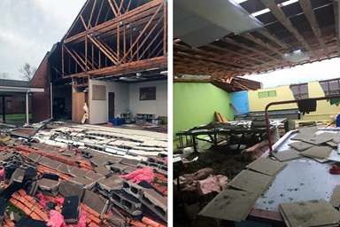 Two views show extensive damage to University United Methodist Church in Lake Charles, La. Southwestern Louisiana has widespread destruction from Hurricane Laura, which made landfall Aug. 27 with winds of up to 150 miles per hour. Photos by Jerry Jackson, courtesy of the Rev. Angela Cooley Bulhof, University United Methodist Church.