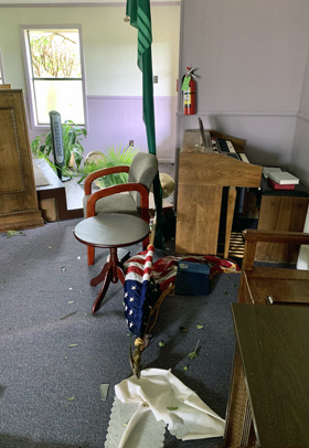 Squyres United Methodist Church, in Ragley, La., is among the United Methodist structures damaged by Hurricane Laura. Photo courtesy of the Rev. Lindsey Sirman.