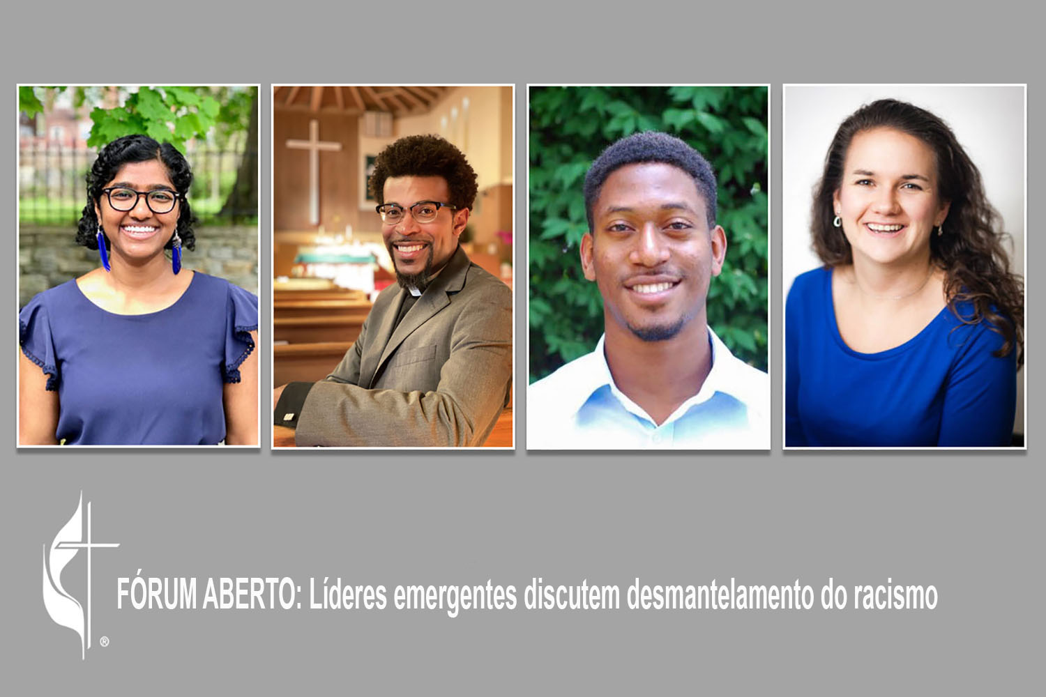 Os palestrantes do dia 26 de agosto “Assembleia: Líderes emergentes discutem desmantelamento do racismo” são (a partir da esquerda) Ann Jacob, o reverendo Theon Johnson III, Andres De Arco e Katelin Hansen. O painel de líderes mais jovens compartilhou suas estratégias para desmantelar o racismo como parte da série da Câmara Municipal da Igreja sobre antirracismo. Fotos cortesia dos palestrantes.