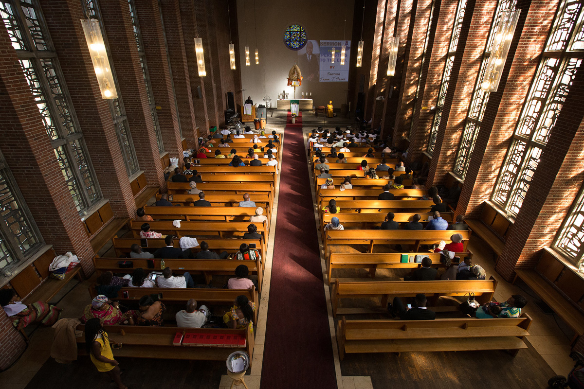 Ghanaian immigrants gather for worship at Calvary United Methodist Church in Hamburg, Germany. They rent the sanctuary from the Evangelical Church, the state church of Germany. Photo by Mike DuBose, UM News.
