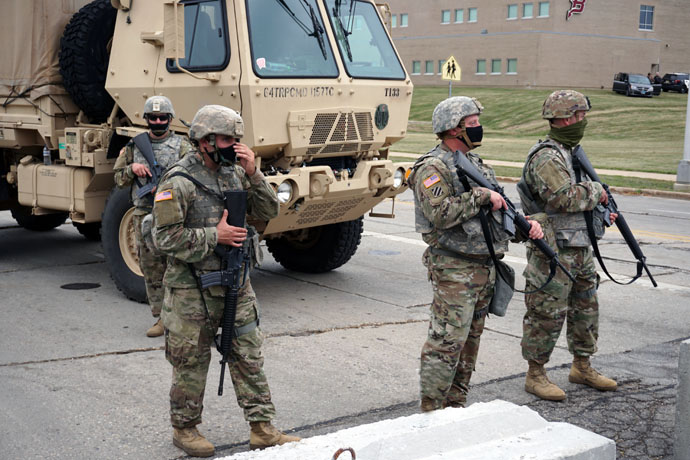 National Guard troops protect 39th Avenue entrance to Bradford High School at Washington Road in Kenosha, Wis., on Sept. 1. Photo courtesy of Wikimedia Commons.
