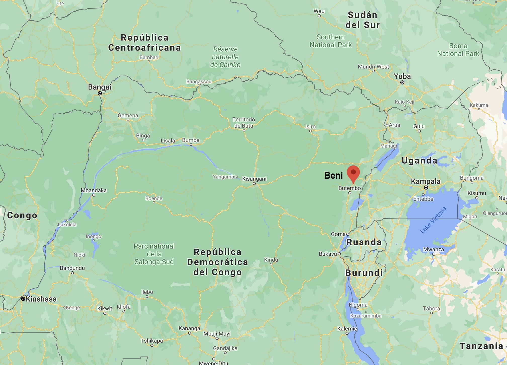 Un mapa de África en Google muestra a Beni ubicado al norte de Ruanda y al oeste del lago Victoria en la República Democrática del Congo. El nombre Beni ha sido agregado por su localizador rojo. Imagen cortesía de Google Maps.