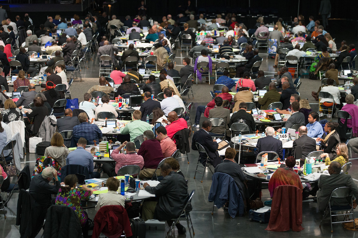 Delegates consider legislation during the 2016 United Methodist General Conference in Portland, Ore. Amid the COVID-19 pandemic, the Commission on the General Conference has named a technology study team to explore how to accommodate full participation at the lawmaking assembly now scheduled for Aug. 29-Sept. 7, 2021. File photo by Mike DuBose, UM News.