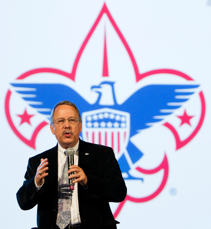 Gilbert C. Hanke speaks about scouting ministries during the 2012 United Methodist General Conference in Tampa, Fla. In the midst of a bankruptcy filing by the Boy Scouts of America, Hanke, top staff executive of United Methodist Men, said the group continues to support scouting. File photo by Mike DuBose, UM News.