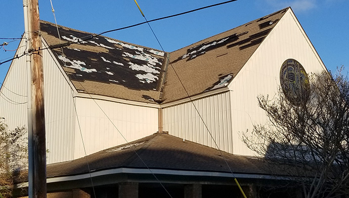 Hurricane Zeta damaged the roof of First United Methodist Church in Long Beach, Miss. Photo by Jay Lynn.