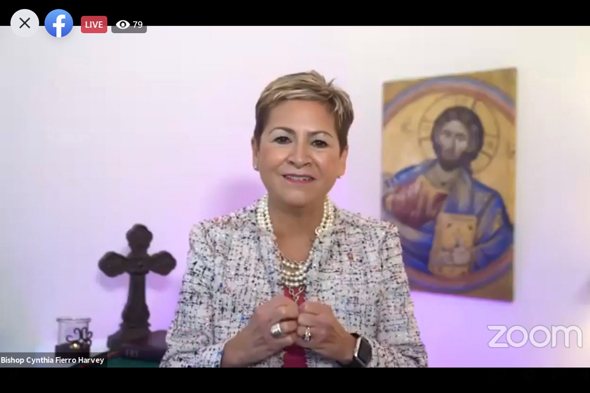 Bishop Cynthia Fierro Harvey delivers her first opening address as Council of Bishops president on Nov. 2 as the bishops begin their second online meeting across four continents. Bishop Harvey stressed that even during this time of natural disasters, political divisions and the COVID-19 pandemic, God’s compassion remains steadfast. Screenshot of Zoom meeting via Facebook by UM News.