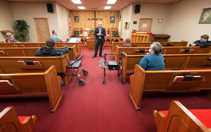 Members of New Life United Methodist Church in Ripley, Tenn., gather for a service of prayer before the 2020 U.S. presidential election. The Rev. James Paris (center) led the service. Photo by Mike DuBose, UM News.