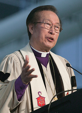 Bishop Hae-Jong Kim gives the sermon during morning worship at the 2004 United Methodist General Conference in Pittsburgh. File photo by Mike DuBose, UM News.