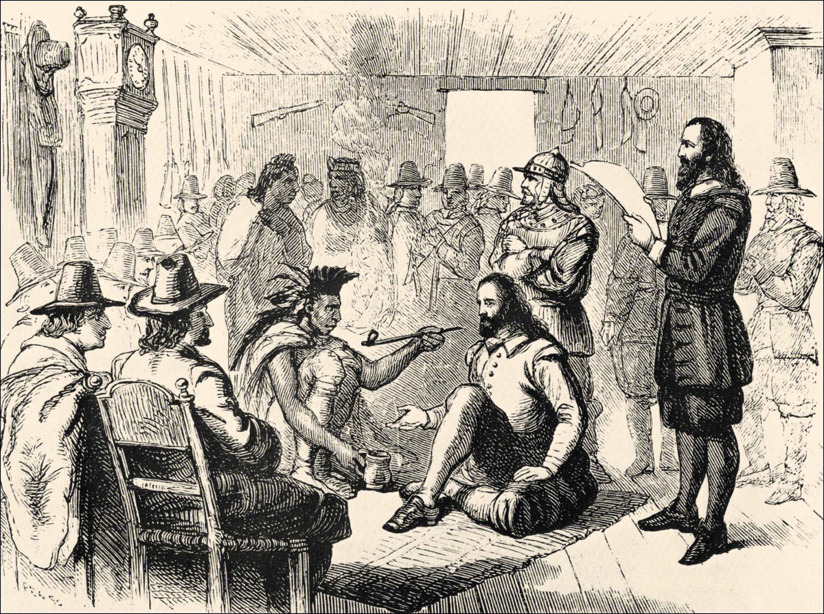Wampanoag leader Ousamequin (left) and Plymouth Colony Gov. John Carver are depicted smoking a peace pipe as they worked out a treaty of peace and mutual protection on March 22, 1621. The U.S. Thanksgiving Day tradition has mythologized the relationship between the Wampanoag and the English settlers, but the harsher realities provide vital lessons for United Methodists today. Image from the California State Library’s Sutro Library, courtesy of Wikimedia Commons.