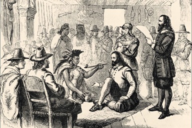 Wampanoag leader Ousamequin (left) and Plymouth Colony Gov. John Carver are depicted smoking a peace pipe as they worked out a treaty of peace and mutual protection on March 22, 1621. The U.S. Thanksgiving Day tradition has mythologized the relationship between the Wampanoag and the English settlers, but the harsher realities provide vital lessons for United Methodists today. Image from the California State Library’s Sutro Library, courtesy of Wikimedia Commons. Wampanoag leader Ousamequin (left) and Plymouth Colony Gov. John Carver are depicted smoking a peace pipe as they worked out a treaty of peace and mutual protection on March 22, 1621. The U.S. Thanksgiving Day tradition has mythologized the relationship between the Wampanoag and the English settlers, but the harsher realities provide vital lessons for United Methodists today. Image from the California State Library’s Sutro Library, courtesy of Wikimedia Commons.