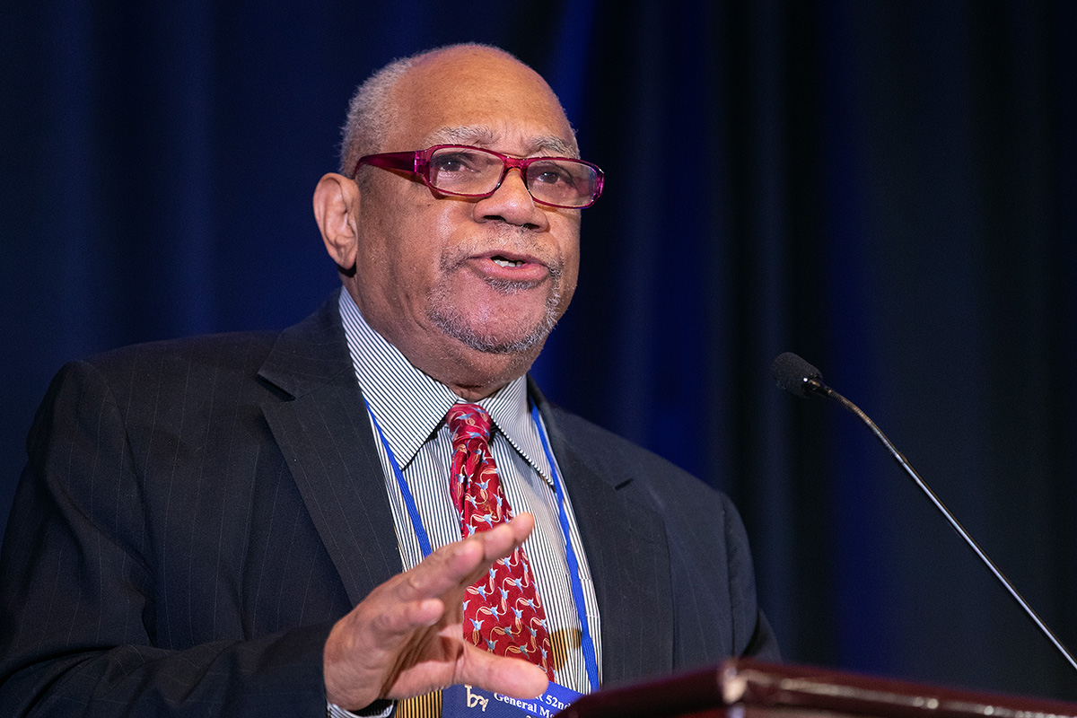 The Rev. William Bobby McClain speaks during the 2019 meeting of Black Methodists for Church Renewal in Atlanta. McClain, an original board member of the church's African-American caucus and professor emeritus at Wesley Theological Seminary in Washington, died Nov. 18. He was 82. File photo by Mike DuBose, UM News.