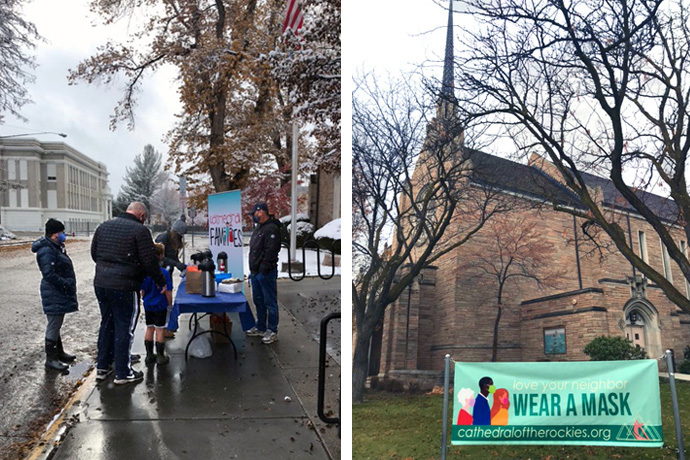 The Cathedral of the Rockies in Boise, Idaho, distributes bags with hot cocoa mix and the materials to make a Nativity scene to enhance watching services online (photo on left). The church, which is planning three outdoor services on Christmas Eve, has a sign out front encouraging people to love their neighbors and wear a mask. Photos courtesy of Cathedral of the Rockies.