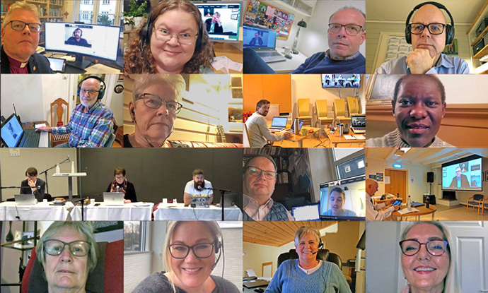 Attendees of the virtual meeting of the Norway Conference held in late November (including Noridic and Baltic Area Bishop Christian Alsted, top left) shared selfies taken during the session. The Norway Conference plans to issue a public apology to LGBTQ people as part of an ongoing process leading to full inclusion. Image courtesy of Karl Anders Ellingsen, The United Methodist Church of Norway. 