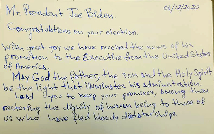 A letter written to President-elect Joe Biden by a migrant living in Matamoros, Mexico, encourages him to carry through with immigration reforms that he promised during his campaign. Photo courtesy of Cindy Andrade Johnson.
