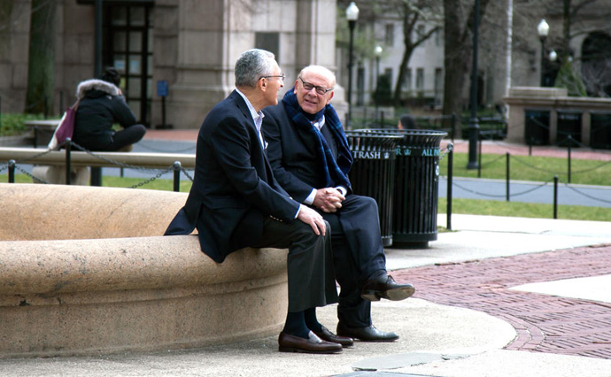 2016 photo of Sanford D. Greenberg (left) and Art Garfunkel. Photo by Jeffrey Saks, courtesy of Columbia Magazine, Columbia University.