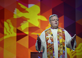 Bishop Christian Alsted preaches during the 2016 United Methodist General Conference in Portland, Ore. Alsted joined two fellow European bishops in issuing a recent statement. They pledged that theological traditionalists would have a place in a “Future United Methodist Church,” should the denomination split. File photo by Paul Jeffrey, UM News.