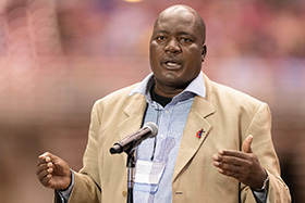 The Rev. Forbes Matonga of the West Zimbabwe Conference addresses the 2019 United Methodist General Conference in St. Louis. Matonga, writing from a traditionalist theological perspective, is among those who lately have been weighing in on the future of The United Methodist Church. File photo by Mike DuBose, UM News.