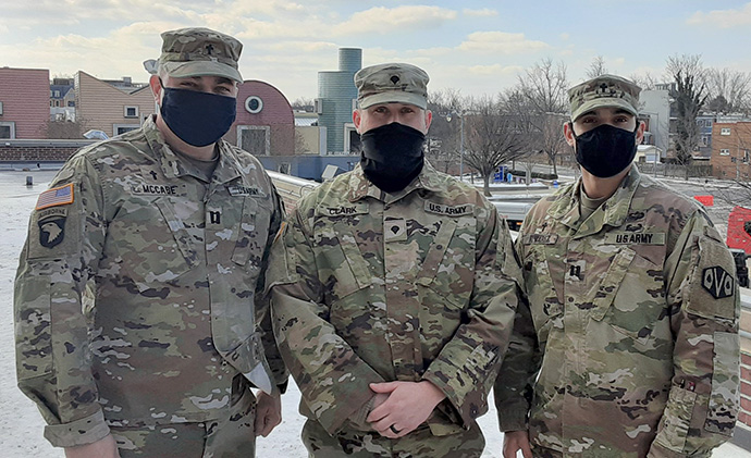 National Guard chaplains are assigned to provide spiritual support and counseling for guard members stationed at the U.S. Capitol. From left are U.S. Army Capt. Chad McCabe, chaplain with 101st Engineer Battalion, Massachusetts National Guard; Spc. Justin Clark, chaplain assistant with 164th Transportation Battalion; and Capt. Luis Alvarez, chaplain with the 164th Transportation Battalion. Photo by National Guard Capt. John Quinn.