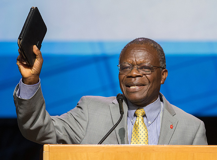 Bishop John Innis of Liberia addresses the 2016 United Methodist General Conference in Portland, Ore. Innis, who retired in 2016, will serve on the transitional leadership council for the Global Methodist Church. File photo by Mike DuBose, UM News.