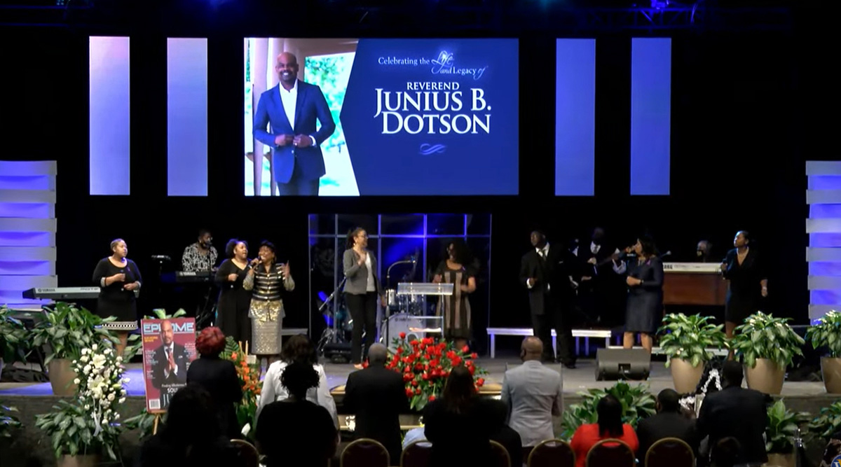 United Methodists and guests celebrate the life of the Rev. Junius B. Dotson during a March 6 service at Windsor Village United Methodist Church in Houston. Dotson, the top executive of Discipleship Ministries, died Feb. 25 at age 55. Photo courtesy of Discipleship Ministries.