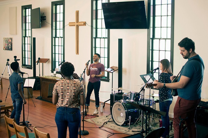 Members of the worship team at CityWell United Methodist Church in Durham, N.C., prepare to record an online worship service in 2020. A new study of United Methodist churches finds racially diverse congregations are more likely to grow over time. File photo courtesy of CityWell United Methodist Church.