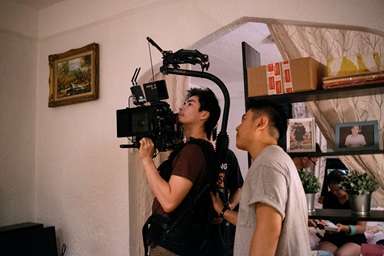 Gordon Yu (left) and Julian Kim record a scene for the film “Happy Cleaners,” which examines the lives of working-class Korean Americans. Photo by Janice Chung. Gordon Yu (left) and Julian Kim record a scene for the film “Happy Cleaners,” which examines the lives of working-class Korean Americans. Photo by Janice Chung.
