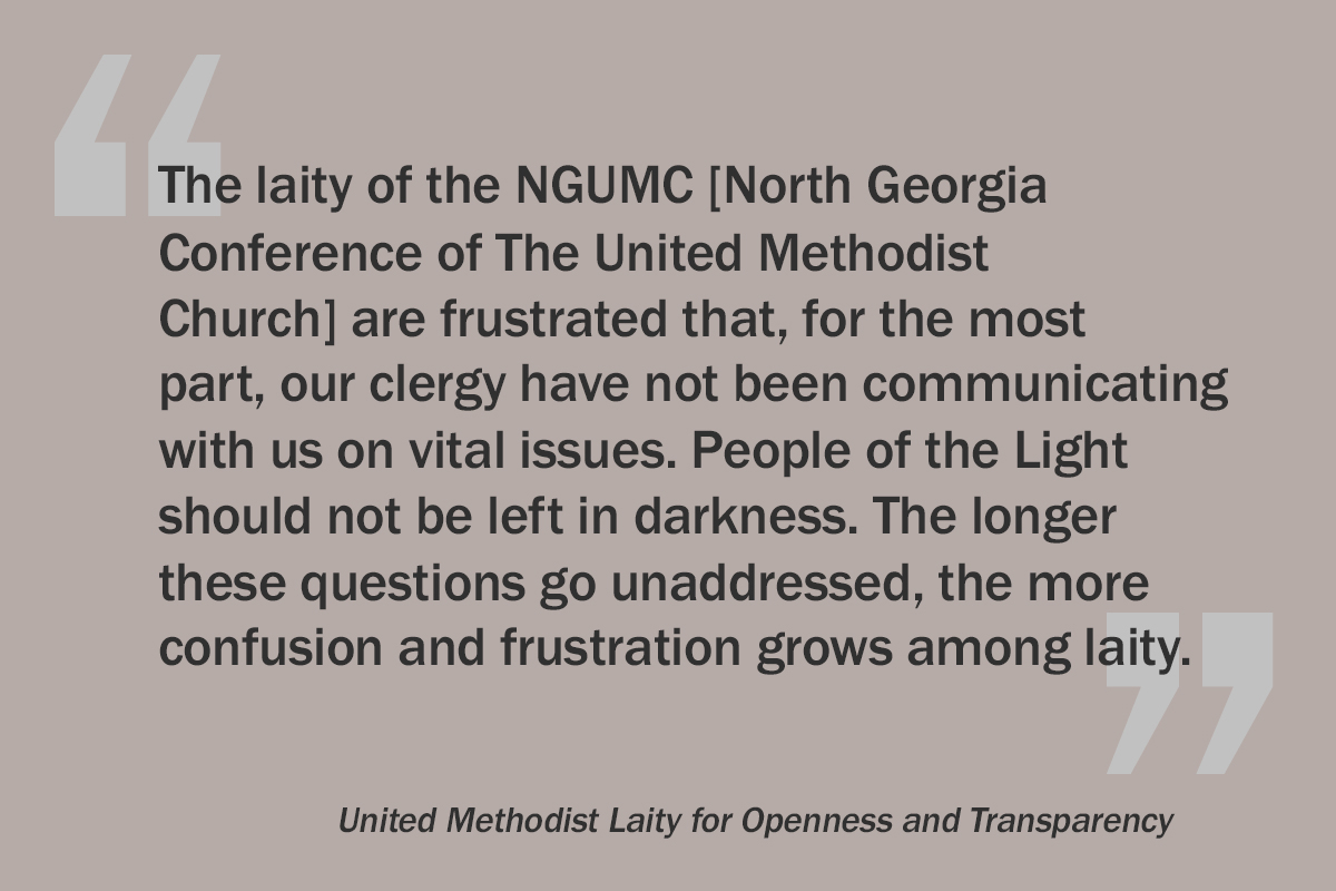 An excerpt from the full-page ad placed in the May 9 issue of the Atlanta Journal-Constitution by a group of North Georgia Conference laity. The ad was an open letter to Bishop Sue Haupert-Johnson seeking answers around the appointment dispute at Mt. Bethel United Methodist Church, LGBTQ inclusion and the future of the church. Graphic by Laurens Glass, UM News.