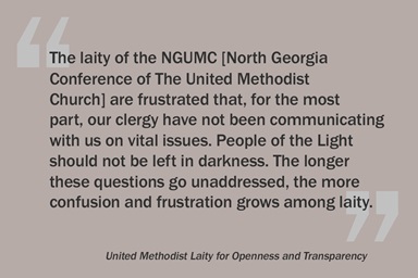 An excerpt from the full-page ad placed in the May 9 issue of the Atlanta Journal-Constitution by a group of North Georgia Conference laity. The ad was an open letter to Bishop Sue Haupert-Johnson seeking answers around the appointment dispute at Mt. Bethel United Methodist Church, LGBTQ inclusion and the future of the church. Graphic by Laurens Glass, UM News. An excerpt from the full-page ad placed in the May 9 issue of the Atlanta Journal-Constitution by a group of North Georgia Conference laity. The ad was an open letter to Bishop Sue Haupert-Johnson seeking answers around the appointment dispute at Mt. Bethel United Methodist Church, LGBTQ inclusion and the future of the church. Graphic by Laurens Glass, UM News.