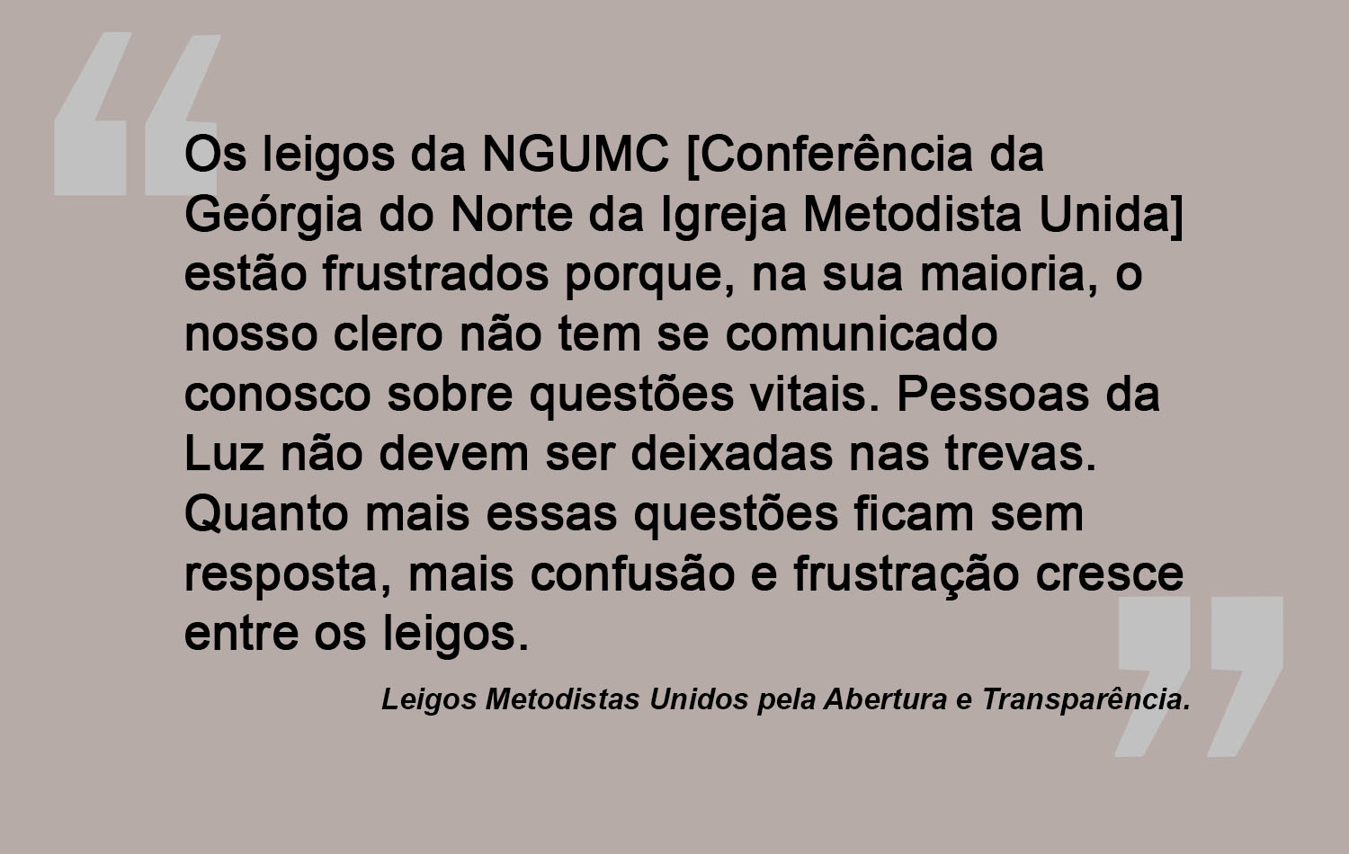 Um trecho do anúncio de página inteira publicado na edição de 9 de maio do Atlanta Journal-Constitution por um grupo de leigos da Conferência da Geórgia do Norte. O anúncio era uma carta aberta à bispa Sue Haupert-Johnson buscando respostas em torno da disputa de nomeação na Igreja Metodista Unida Monte Betel, inclusão LGBTQ e o futuro da igreja. Gráfico de Laurens Glass, Notícias MU; versão em português Rev. Gustavo Vasquez, Notícias MU.