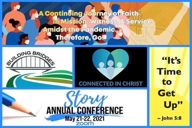 Themes for United Methodist annual conferences in 2021 include (clockwise, from top) “A Continuing Journey of Faith (conferences in the Manila Episcopal Area), “It’s Time to Get Up” (Sierra Leone), “Story” (Louisiana), “Building Bridges” (Western Virginia), and “Connected in Christ” (Iowa). Graphic by Laurens Glass, UM News.