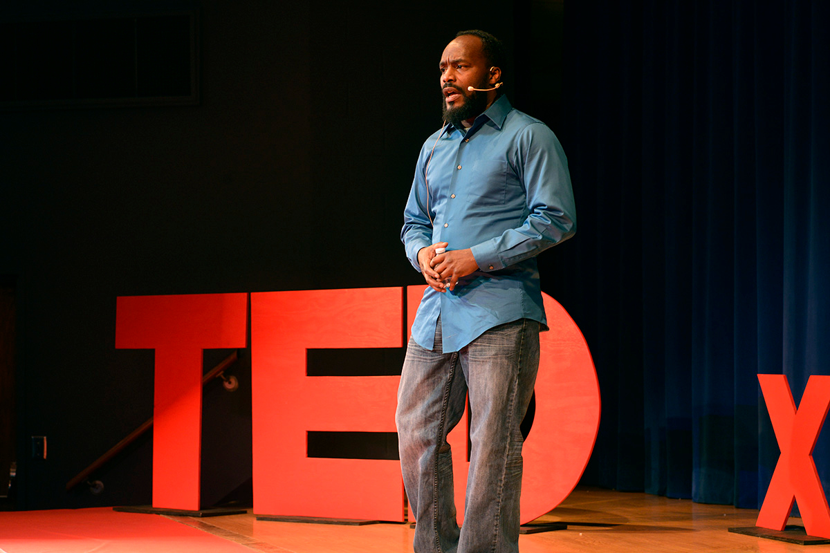 DeAmon Harges delivers a Ted Talk in 2017. Harges, a member of Broadway United Methodist Church in Indianapolis, is one of five winners of the inaugural Tom Locke Innovative Leader Award from the Wesleyan Investive. He is a community organizer who has consulted in South Africa, Canada and Central America. Photo by WildStyle DaProducer.