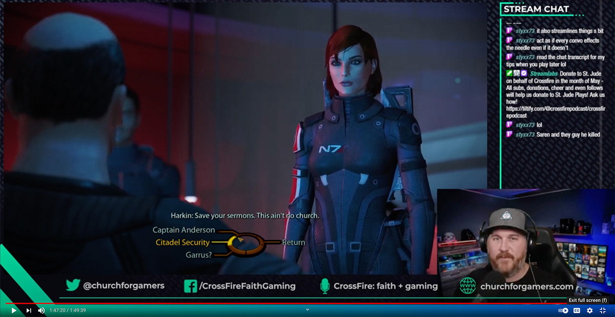 데이빗 페티 목사(오른쪽 하단)가 온라인 비디오 게임인 매스팩트(Mass Effect) 게임을 하고 있다. 콜로라도주 콜로라도스프링스에 있는 세인트폴 연합감리교회의 페티 목사는 2017년부터 게임 커뮤니티에서 사역해 왔다. 사진, 유튜브 화면 갈무리.