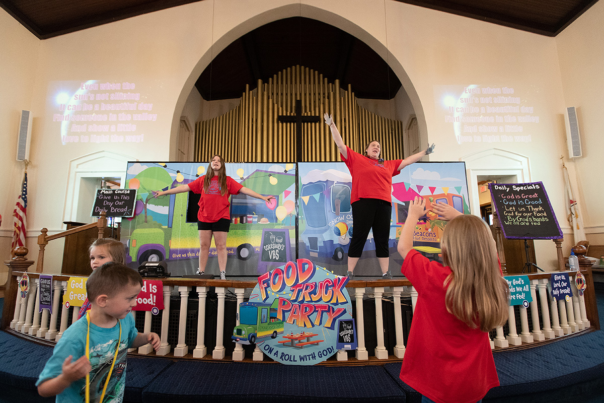 Children dance in front of the altar rail during vacation Bible school at Connell Memorial United Methodist Church in Goodlettsville, Tenn. The church served as a test site for a new VBS curriculum, “Food Truck Party,” which Cokesbury officially launched on June 30. Photo by Mike DuBose, UM News.