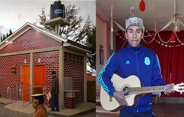 A la izquierda, las instalaciones sanitarias terminadas en la Iglesia Metodista Nueva Esperanza en Bolivia. A la derecha,: Rider en su iglesia en Bolivia. Foto cortesía de FIEA – Bolivia.