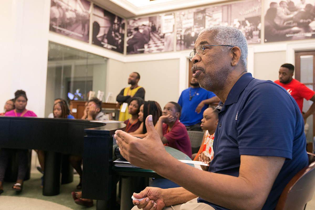 Freedom Rider and civil rights leader Rip Patton visits with students from the Nashville Freedom School Partnership in the Civil Rights Room at the Nashville (Tenn.) Public Library in 2017. Patton helped start Nashville’s first Children’s Defense Fund Freedom School in 2014. File photo by Mike DuBose, UM News.