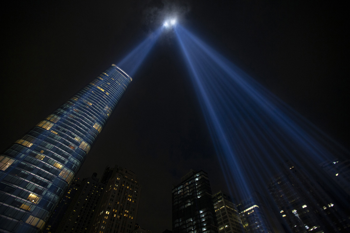 The Tribute in Light is an art installation created in remembrance of those who perished in the Sept. 11, 2001, terrorist attacks on the World Trade Center in New York City. It consists of 88 vertical searchlights arranged in two columns to represent the twin towers that came down in the attack. On clear nights, the lights can be seen over 60 miles away. Photo courtesy of the National 9/11 Memorial & Museum.