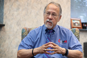 Gilbert C. Hanke speaks during an interview earlier this year in his office at the United Methodist Men agency in Nashville, Tenn. Hanke, along with the YWCA, the Rev. Rick Vance, director of the UMM’s Center for Men’s Ministries, and others, helped create the AMEND program six years ago. Photo by Mike DuBose, UM News.