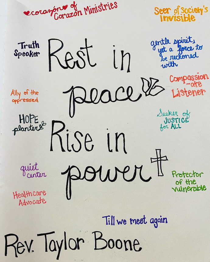 A page in the Rev. Missy Jenson’s prayer journal collects tributes to the late Rev. Taylor Boone. Jenson shared the image on Facebook. Photo courtesy of Missy Jenson.