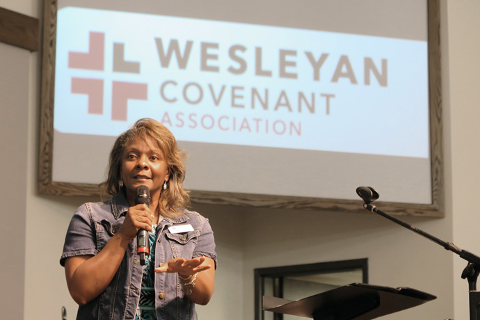 The Rev. Angela Pleasants, Wesleyan Covenant Association vice president of clergy and church relations, speaks Sept. 21 at the Tennessee WCA Chapter regional gathering in Franklin, Tenn. Photo by Heather Hahn, UM News. 