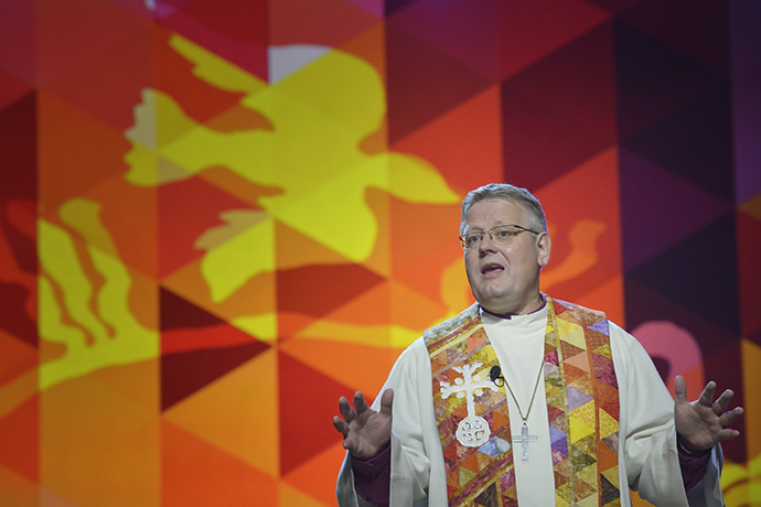 Nordic-Baltic Area Bishop Christian Alsted preaches during the 2016 United Methodist General Conference in Portland, Ore. The Connectional Table chair gave the opening devotion during the leadership body’s online meeting Nov. 17. File photo by Paul Jeffrey, UM News.