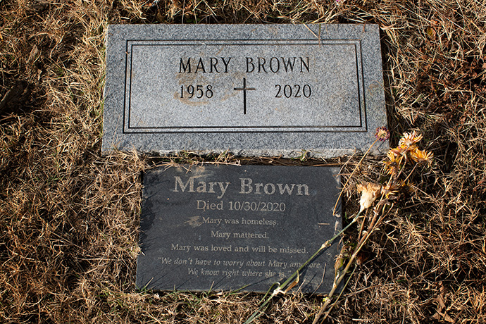 A gravestone and memorial plaque mark the final resting place for Mary Brown at Hills of Calvary Memorial Park in Nashville, Tenn. Brown, who was homeless, was buried there by the Metro Nashville Indigent Burial Program. Photo by Mike DuBose, UM News.