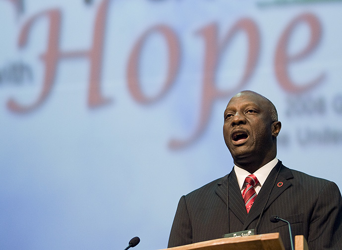 James Salley presents a report on Africa University during the 2008 United Methodist General Conference in Fort Worth, Texas. File photo by Mike DuBose, UM News. 