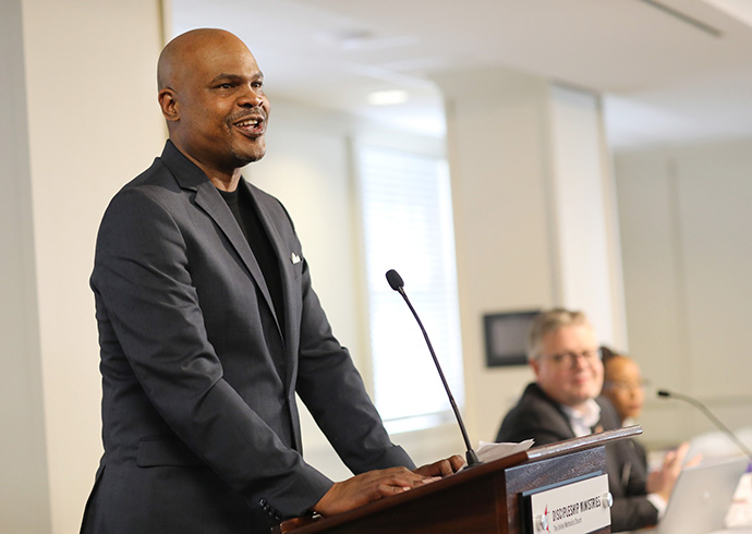 The Rev. Junius Dotson addresses a meeting of the Connectional Table at Discipleship Ministries in Nashville, Tenn., in 2019. This month marks one year since Dotson died at age 55 after a short battle with pancreatic cancer. File photo by Kathleen Barry, UM News.