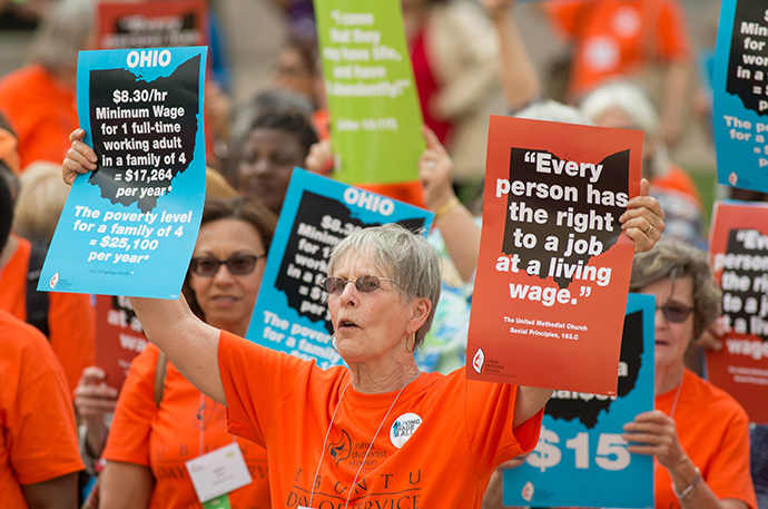 Joni Lincoln (center) of the Upper New York Conference joins other United Methodist Women in a rally for a fair living wage on the steps of the Ohio Statehouse in Columbus during the United Methodist Women Assembly 2018. Going forward, the organization will be known as United Women in Faith. File photo by Mike DuBose, UM News.