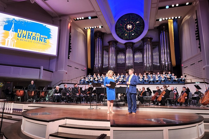 Lauren Przybyl, an anchor at Fox4 News in Dallas, and the Rev. Arthur Jones, senior pastor of St. Andrew United Methodist Church in Plano, Texas, host a March 21 benefit concert for Ukraine at the church. Since Russia's invasion of that country six weeks ago, more than $5 million has come into the United Methodist Committee of Relief for Ukraine-related humanitarian aid, and the total grows daily. Photo by Jenny Skinner.