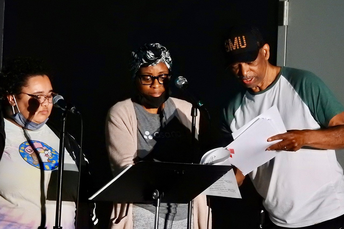 The Rev. Henry Masters (right) confers with “Simon of Cyrene: The Musical” cast members Faith Griffin (center) and Brianna Williams during an April 4 rehearsal at Dallas’ Hamilton Park United Methodist Church. UM News photo by Sam Hodges.