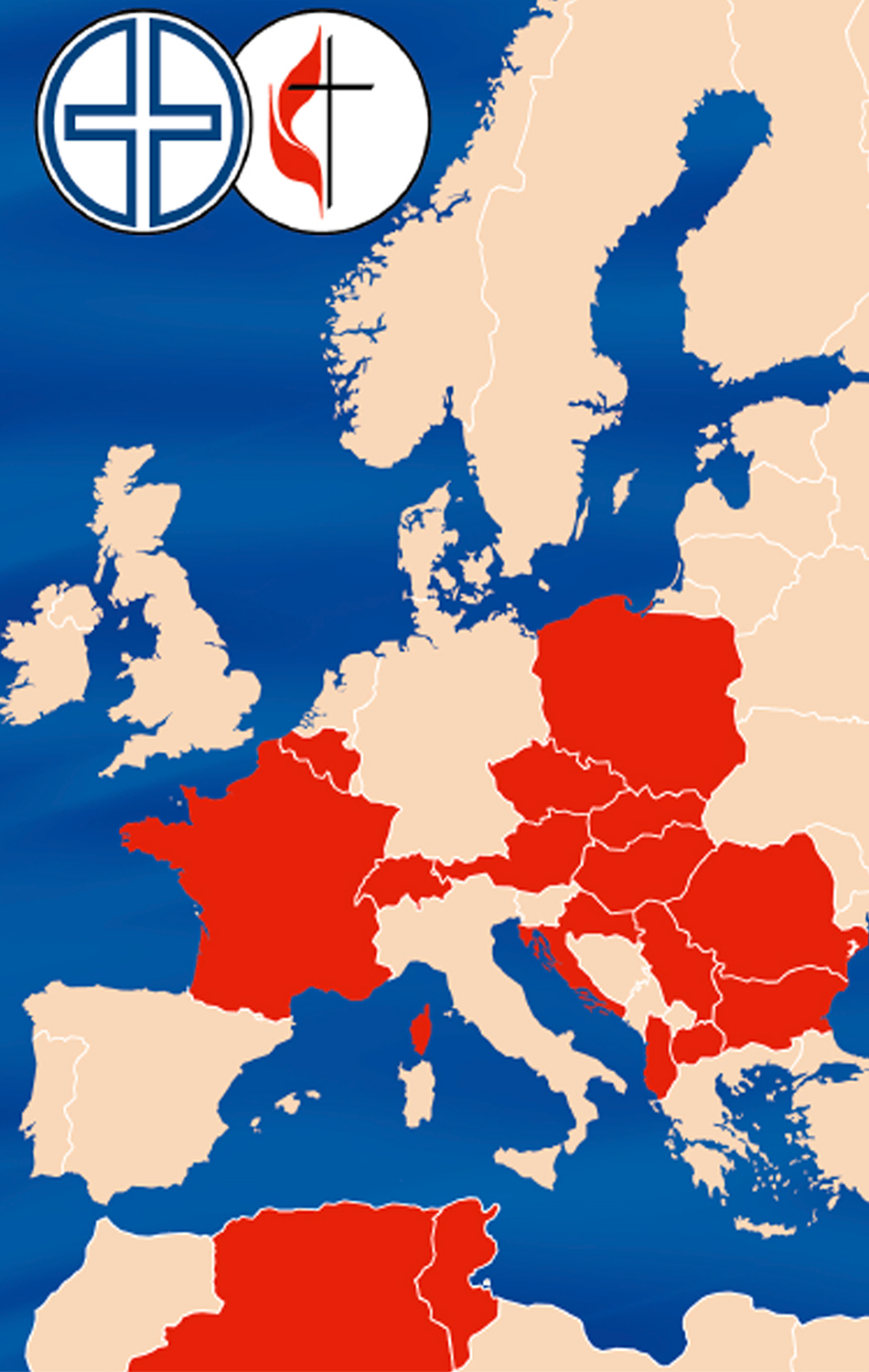 El mapa muestra parte de las conferencias centrales de Europa Central y Meridional, donde se están atendiendo refugiados/as provenientes de territorios en conflicto en Ucrania. Gráfico cortesía de la Conferencia Central de Europa Central de La Iglesia Metodista Unida.