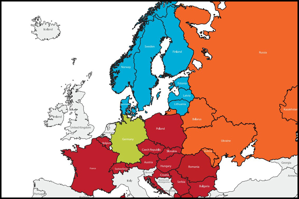 유럽에는 3개의 해외지역총회(Central Conferences)가 있으며, 그 안에는 4개의 감독구가 있다. 붉은색으로 표기된 지역이 중남부 유럽 해외지역총회, 녹색으로 표기된 독일 해외지역총회 그리고 북유럽-유라시아 해외지역총회에는 주황색의 유라시아 감독구와 파란색으로 표시된 북유럽-발트 감독구가 포함된다. 하나의 감독구는 여러 연회 또는 잠정연회를 포함할 수 있다. 지도제공, UMC.org. 