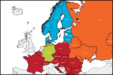 An excerpt from a map detailing the Central Conferences Europe shows the Central and Southern Europe Central Conference (in red), the Germany Central Conference (in green), and the Northern Europe and Eurasia Central Conference, which contains the Eurasia Episcopal Area and the Nordic and Baltic Episcopal Area (in orange and blue respectively). Map courtesy of UMC.org.